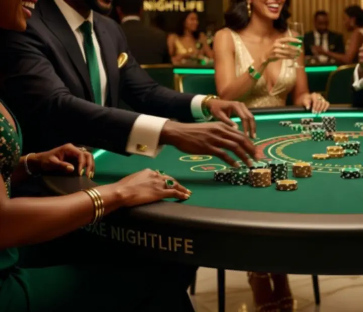 Goście przy eleganckim stole Blackjack w klubowej atmosferze