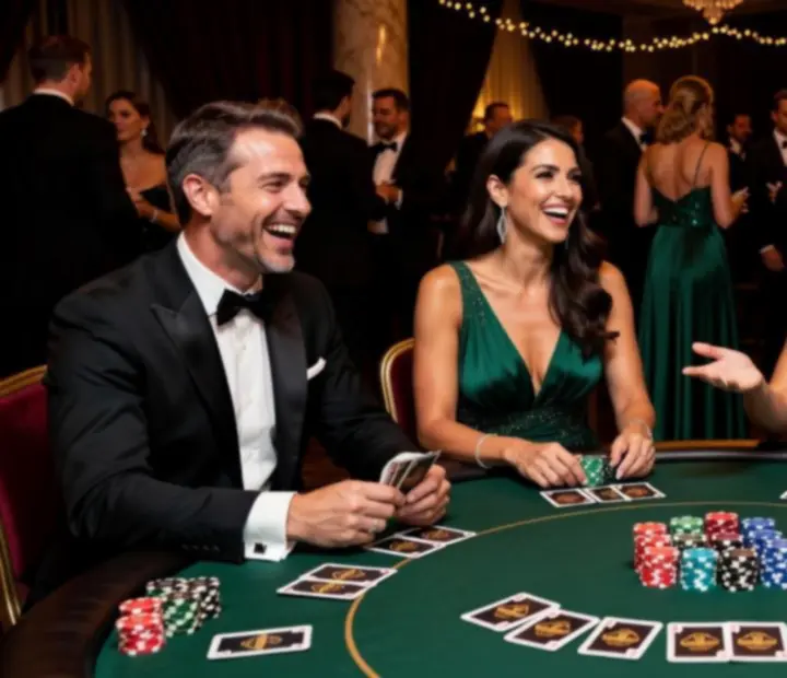 Goście rozmawiający przy stoliku pokerowym podczas eleganckiego eventu