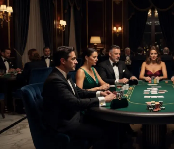 Eleganckie stoły pokerowe w luksusowej sali eventowej oświetlonej nastrojowym światłem