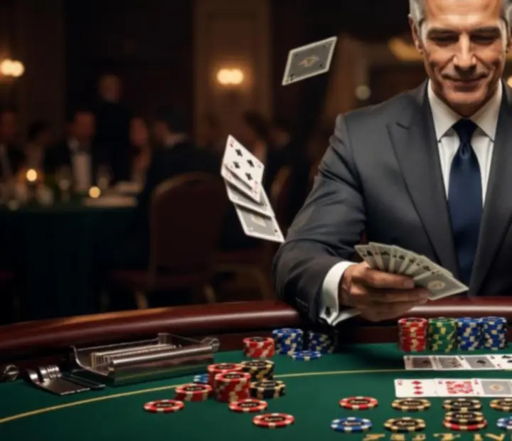 Profesjonalny krupier prowadzący stolik pokerowy podczas eventu