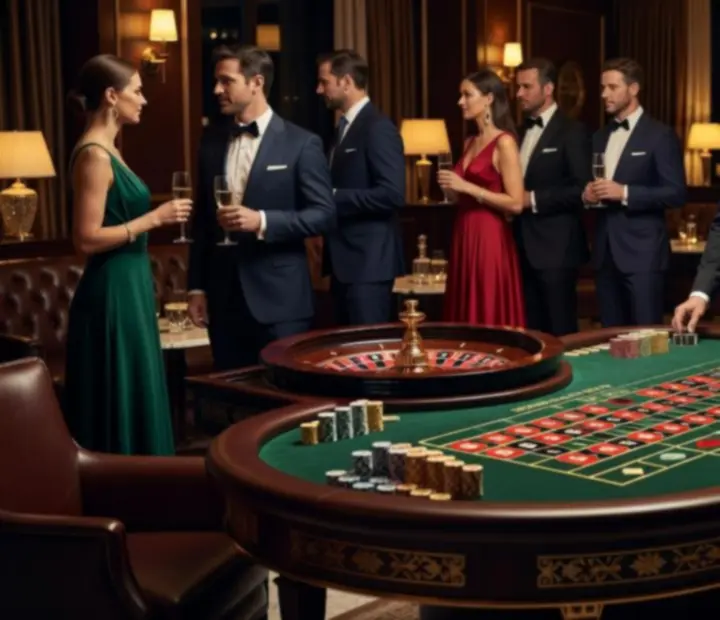 Elegancka sala eventowa z oświetloną ruletką i gośćmi podczas wieczoru rozrywki.