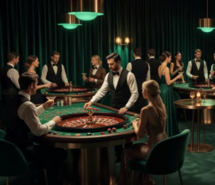 Atmosferyczna sala z ruletką, nastrojowym oświetleniem i gośćmi w eleganckich strojach.