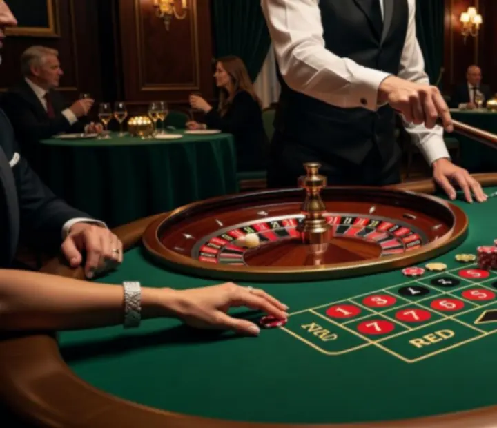 Atmosferycznie oświetlony stół ruletki podczas eleganckiego eventu.
